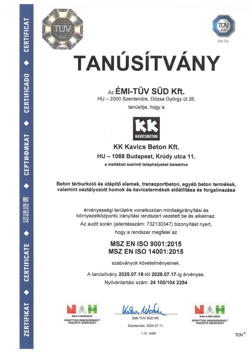 ÉMI-TÜV SÜD tanúsítvány, MSZ EN ISO 9001:2015 és ISO 14001:2015 — 1. oldal